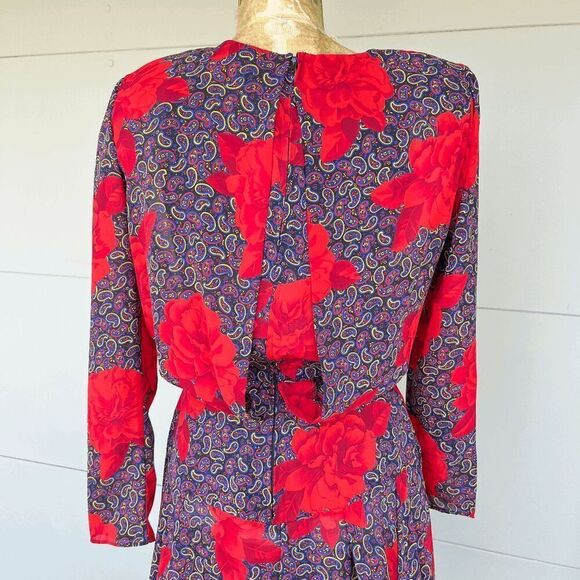 Vintage 1980s Funky, Fit and Flare, Bold Paisley Rose Print Maximalist Midi Dres - Picture 5 of 8